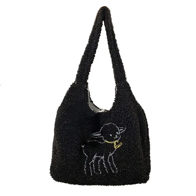 

Women Furry Shoulder Bag Soft Plush Large Capacity Girls Student Tote Vest Bags Embroidered Lamb Wool Ladies Shopping Handbags