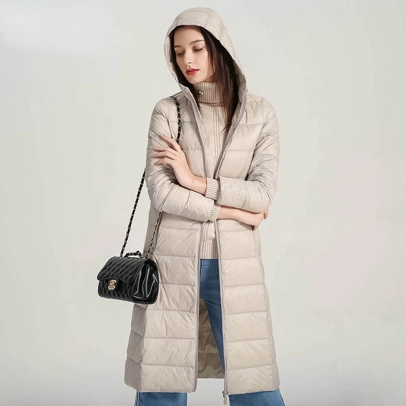 

Aibeautyer Autumn Black Long Sleeve Winter Parker Outwear Warm Red Jackets Light Down Long Jacket Women Hooded Down Coat