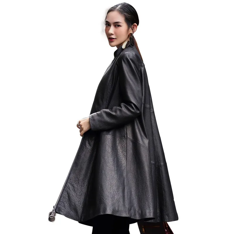 Модный женский плащ средней длины из овчины с длинным рукавом и стоячим