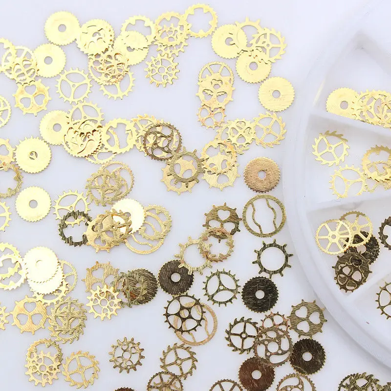 

Gold Gear 3D Nail Art Decoration Metal Time Gold Decor Nails Design Manicure Flakes Round Mixed Accessories in Wheel for DIY