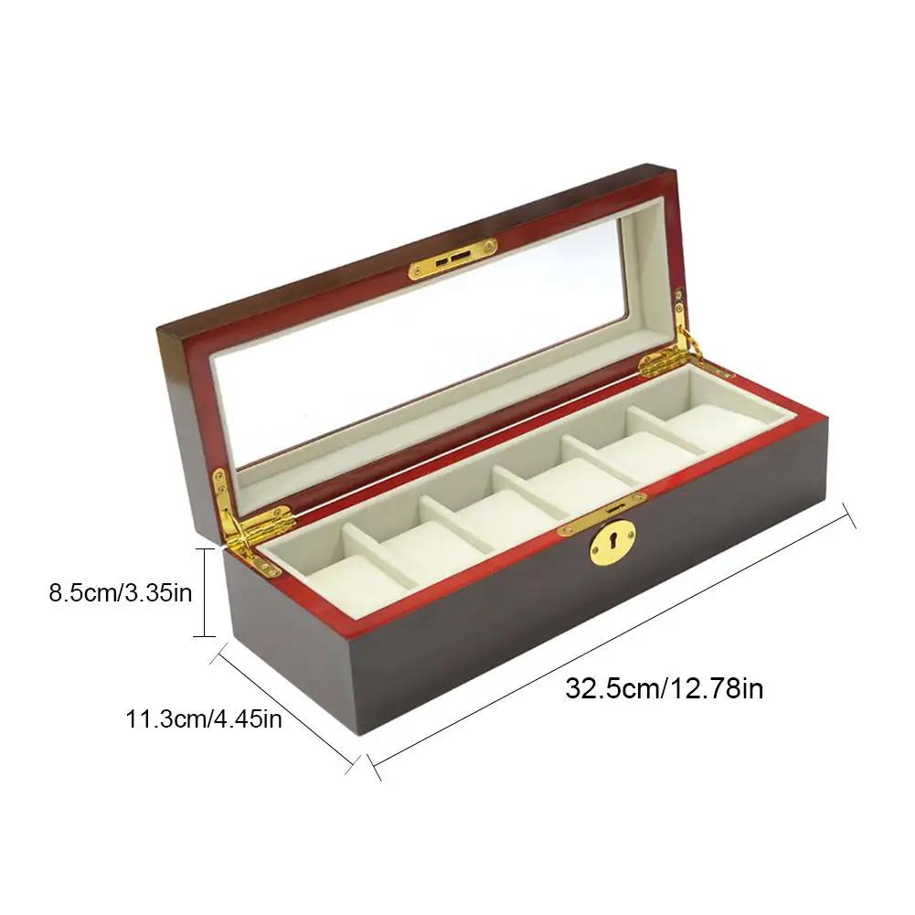

6 Slots Grid Wooden Watch Display Box Jewelry Storage Organizer Case Locked Watch Display Box With Key