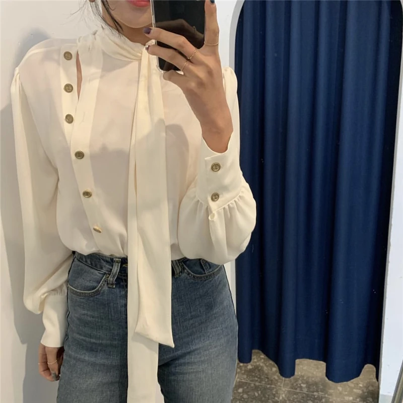 SHENGPALAE New Spring Spring Korea Style Full Lantern Sleeve Stand Collar With Button Chiffon Single Breasted Women Shirt FR397