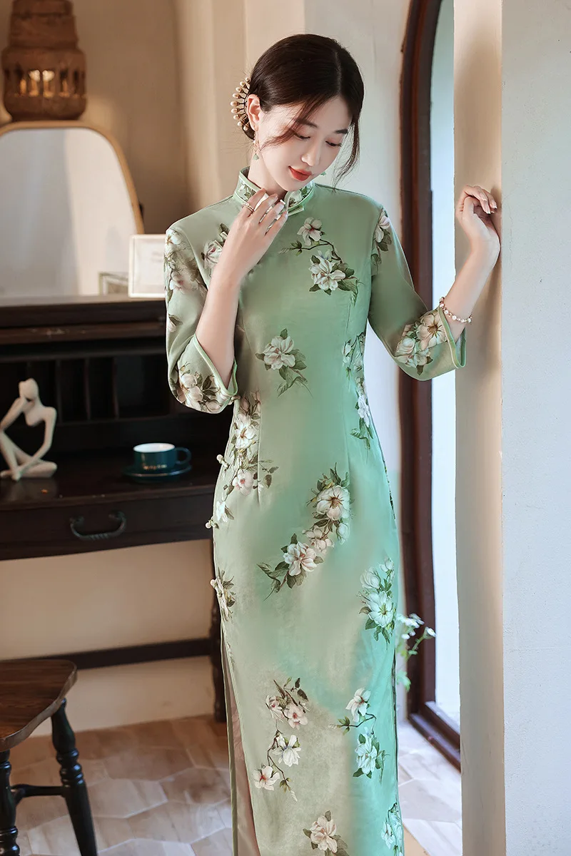

Женское винтажное платье-Ципао с зеленым цветочным принтом, традиционное китайское пикантное вечернее платье-Ципао, классическое вечернее...