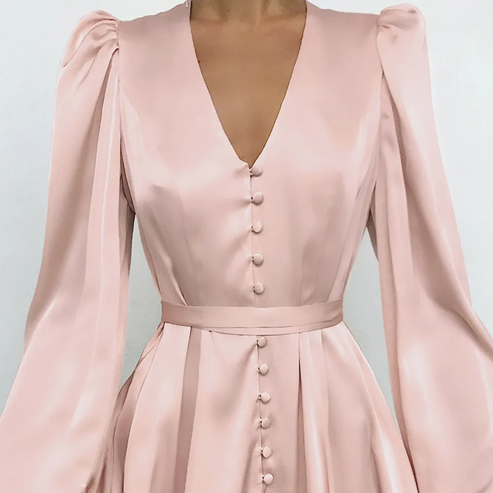 

Women Sexy V Neck Mini Dress Spring Summer Pure Pink Buttons Lantern Sleeve Female Short Dresses Vestido Elegant OL Robe 2021