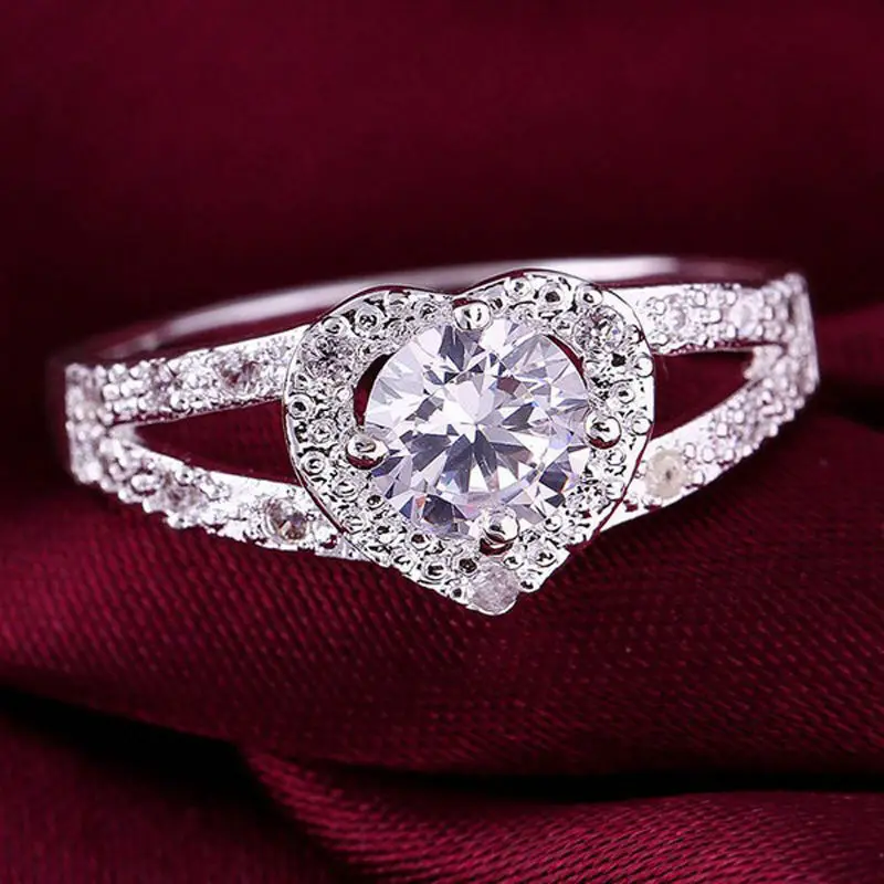 

Silver Color Jewelry Vintage AAA+ Crystal Love Heart Couple's Wedding Rings for Women Fashion Anel De Prata Bijoux