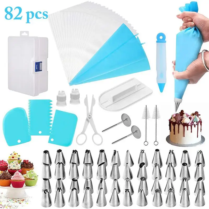 

82 Pcs/Set Cake Baking Accessories Reusable Cake Decorating Tool Stainless Steel Piping Tips Nozzle Pastry Piping Bag Scrapers