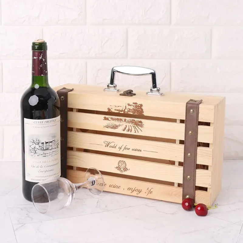 Vintage Wood Red Wine Bottle Box Carrier Crate Case Storage Carrying Display Holder Birthday Party Christmas Gift D5BD