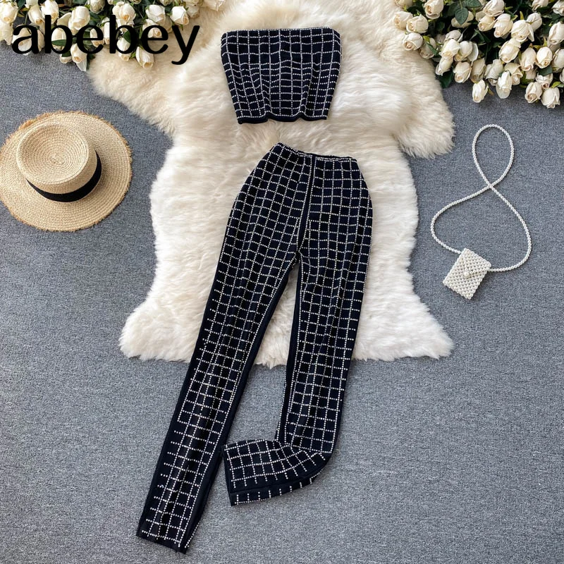 

Women Strapless Hot Drilling Sexy Vacation Party High Waist Long Pants New Two Piece Set Fashion Autumn Winter 2022 11D5692