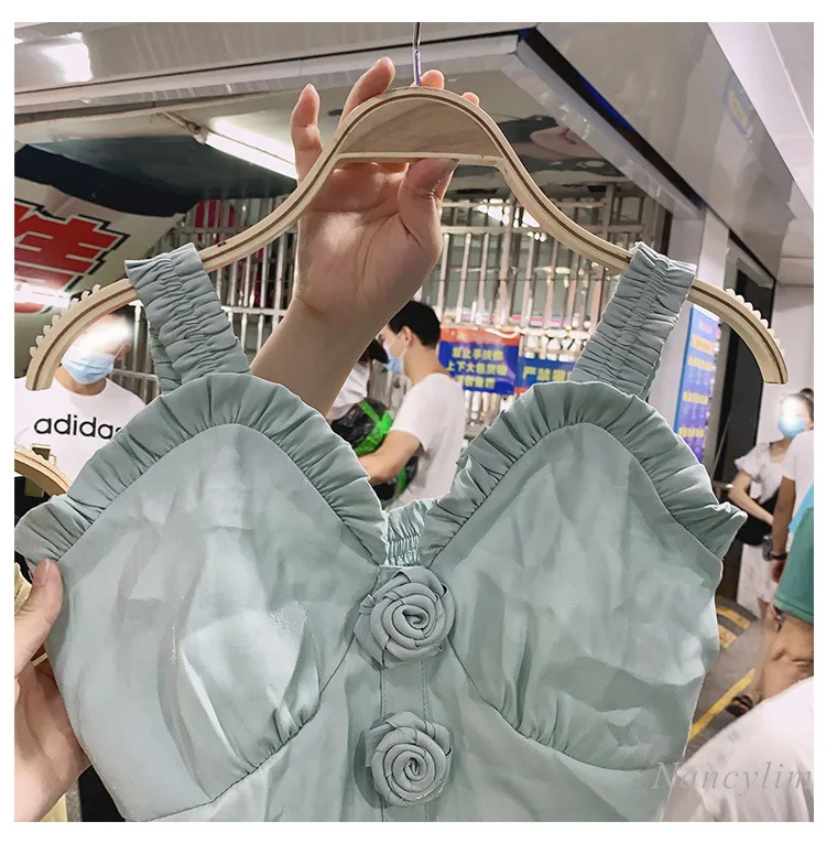 

Three-Dimensional Rose Pleated Ruffled Sling Strap Top Women's Summer Fashion Outerwear Slim Temperament Tank Nancylim