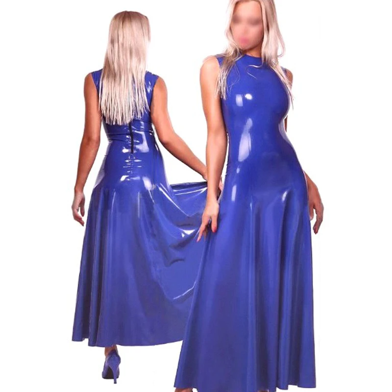 

Sexy Latex Maxi Dress Fetish Rubber Long Gowns Vestidos Navy Blue Sleeveless Dresses Plus Size Customize Service BNLD088