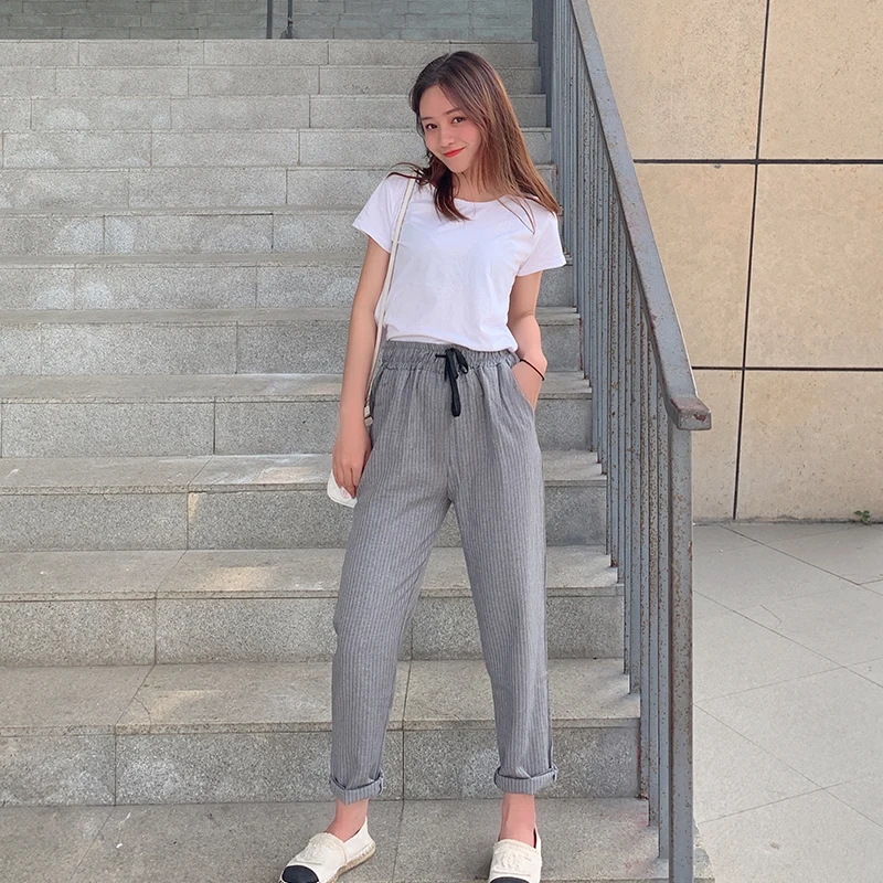 Женские брюки в полоску повседневные свободные шаровары с высокой эластичной
