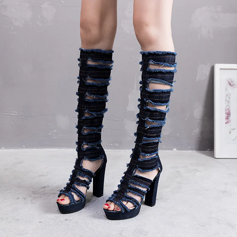 Женские джинсовые сапоги на высоком каблуке с открытым носком молнии|Сапоги до
