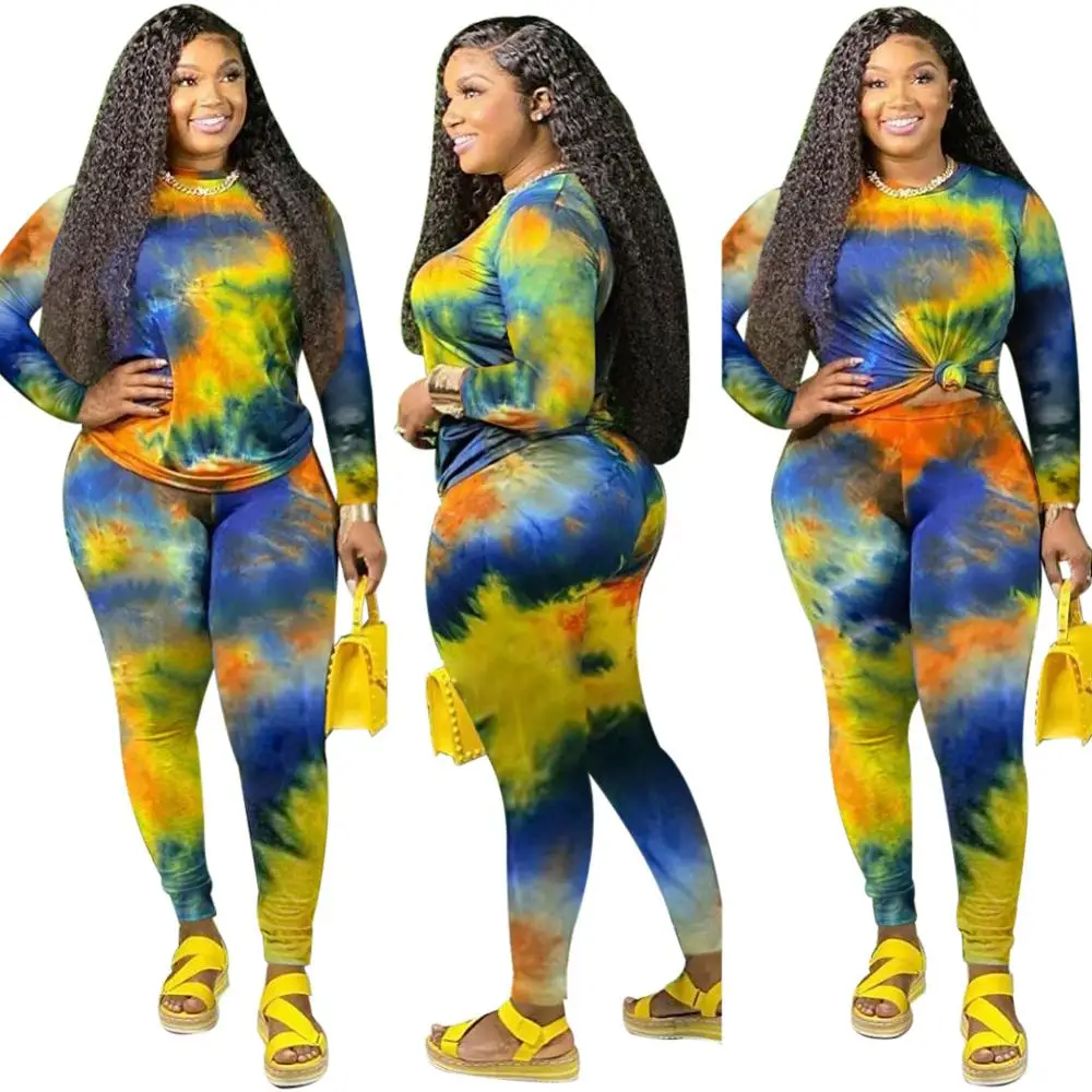 

Lady Multicolor Tie-Dye Printing Tracksuits Women Casual O-neck Full Sleeve Tees High Waist Bodycon Jogger Pants Two Piece Sets
