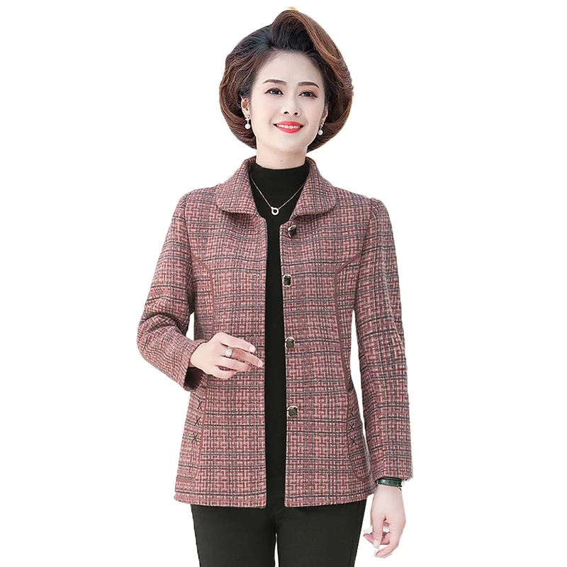 

Middle-aged Elderly Mothers Woolen Coat Spring Autumn Winter Jacket Fashion Blended Woole Plaid Outerwear Tops Plus Size 5XL