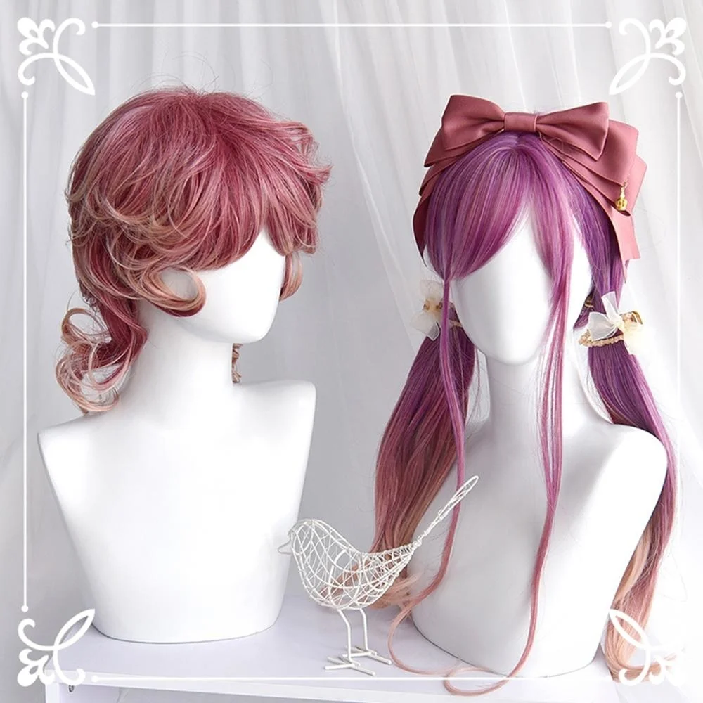 

Косплей микс 25-40 см лолитвечерние лая розовая фиолетовая Омбре длинные вьющиеся волосы челки термостойкий синтетический косплей парик + ша...