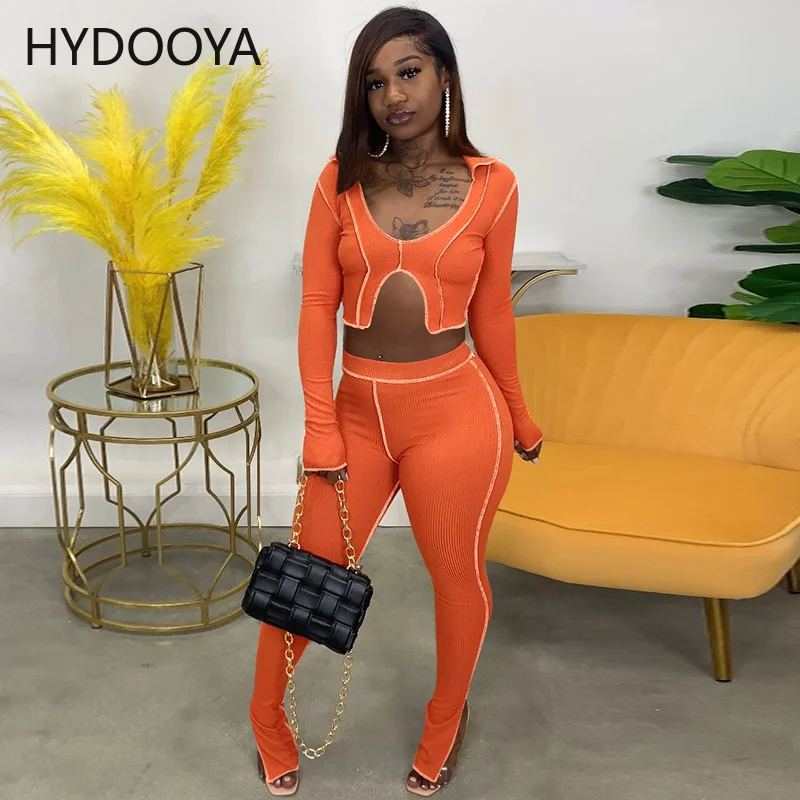 

Simple Bright Line Decoration Two Piece Set Women Solid Harajuku Long Sleeve Crop Top+Elastic Waist Sheath Slim Split Pants Suit