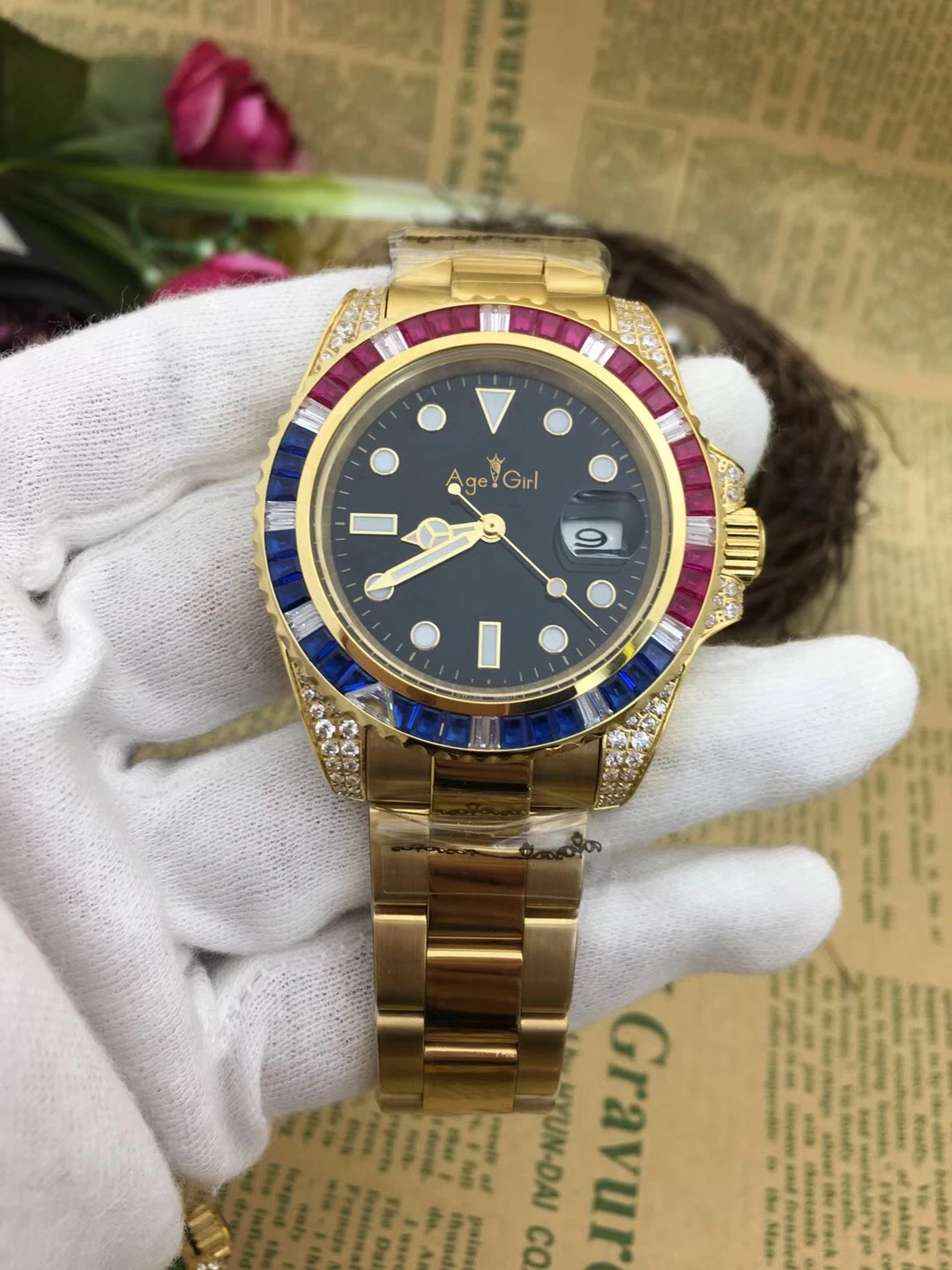 

ClassicNew Men Automatic Mechanical Rainbow Diamonds Stainless Steel Gold Black Blue Green Classic Gent's Watch SUB