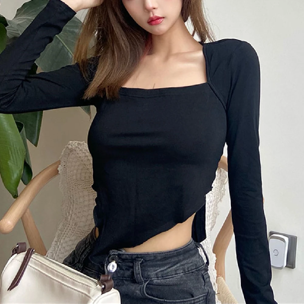 

Rainbowwaves Woman Clothing Halter Slim T-shirt Corset Black Top Sexy Long-sleeved Design Fashion 2021 Free Shipping