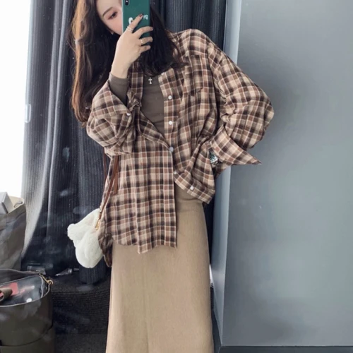 

Harajuku Style 2020 Spring New Wild Jacket Plaid Shirt Female Loose Casual Cloth Ladies Shirt Long Sleeve Shirt