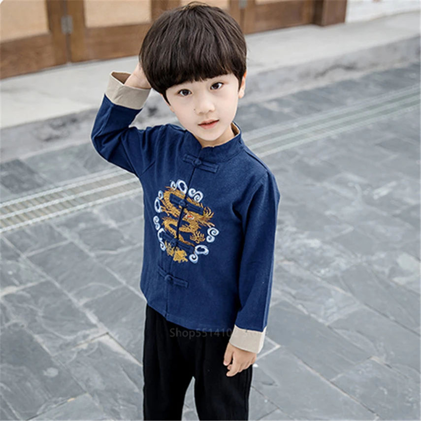 Китайский топ Детский костюм Тан винтажная одежда с вышивкой дракона для девочек