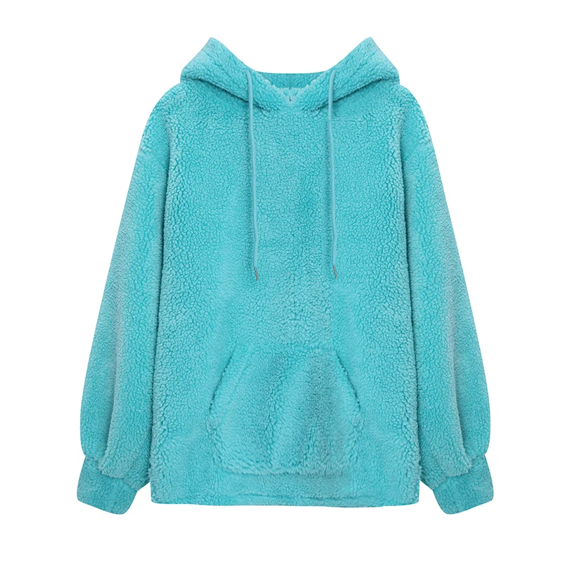 

Loose Hooded Fur Women Sweatshirts Solid Long-Sleeved Pocket Thicken Warm Fleece Female Pulls Outwear Coats Tops