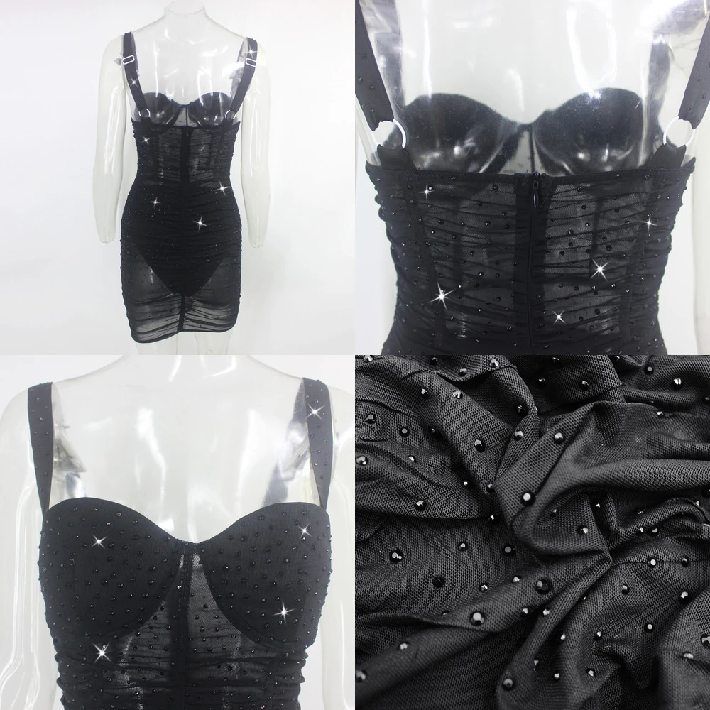 

Strap Bodycon Summer Dress Sexy Diamond Sparkles Glitter Party Dress Sexy Gauzy Transparent Black Mini Club Dress Women Vestido