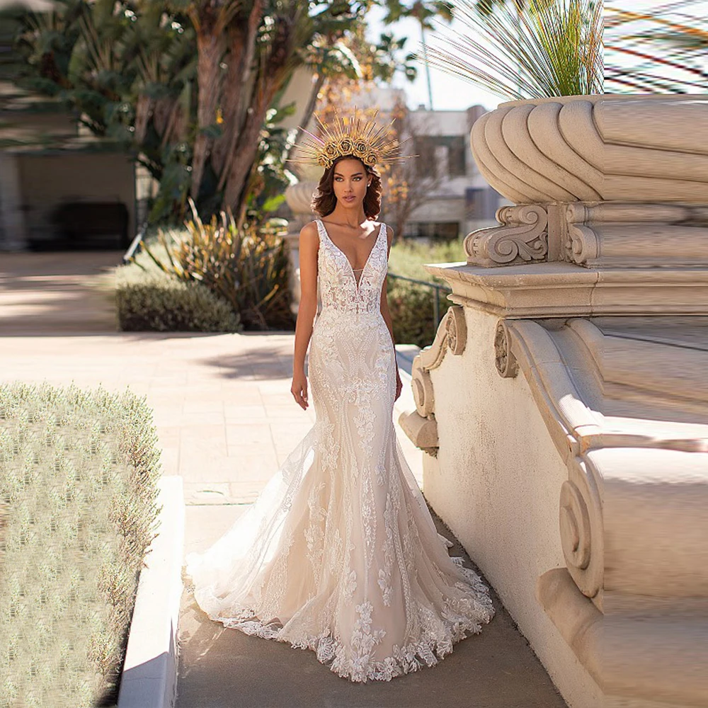 

Luxury Mermaid Wedding Dress For Woman Long Tulle Train Simple Backless Cap Sleeves Bridal Gowns Bohemian Vestidos De Novia 2021