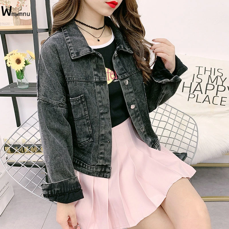 

Korean Loose Big Pocket Black Short Coat Girl Tops Streetwear Casual Turn-Down Collar Outerwear Candy Color Denim Jacket Women