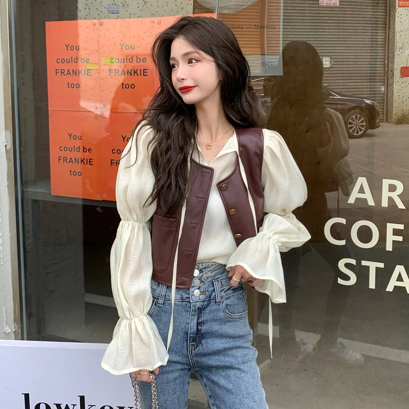 

Женская одежда для ранней осени, новинка 2021, кожаная одежда в стиле ретро, жилет, уличное пальто, однобортный жилет в Корейском стиле