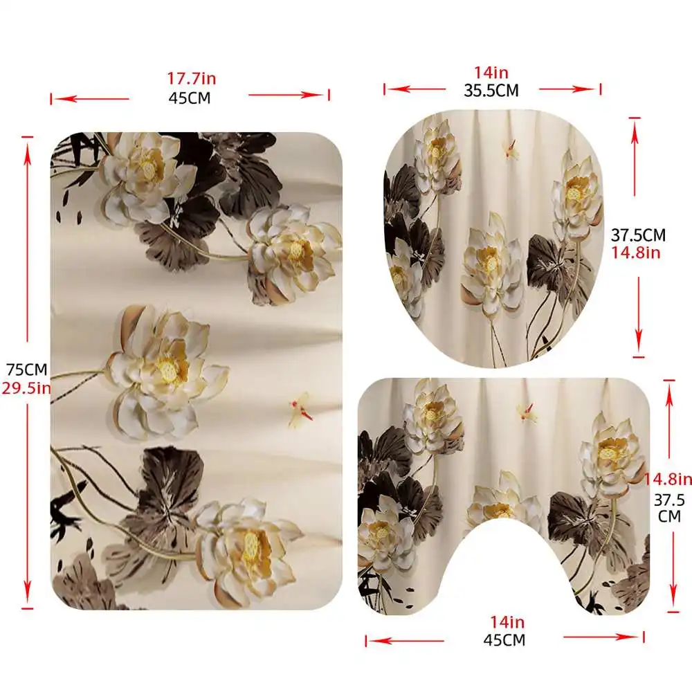 

4PCS Jasmine Flower Bathroom Non-slip Mat Set Durable Waterproof Shower Curtain Set Pedestal Rug Lid Toilet Cover Bath Mat Rugs