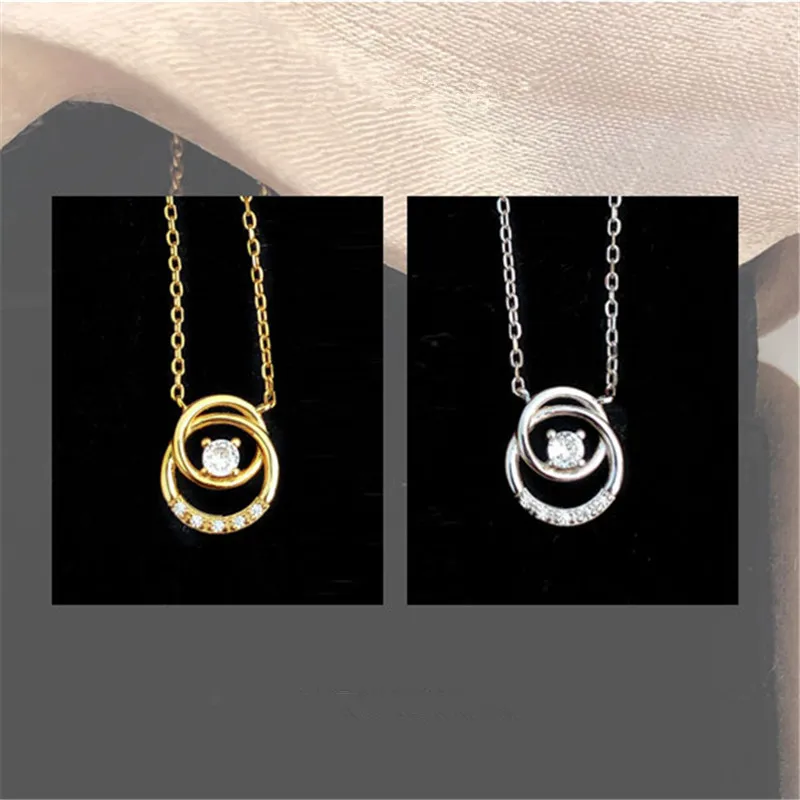 

OBEAR Zircon Interlock Double Circle 925 Sterling Silver Necklaces For Women Chain Choker Collier Wedding Jewelry Gift