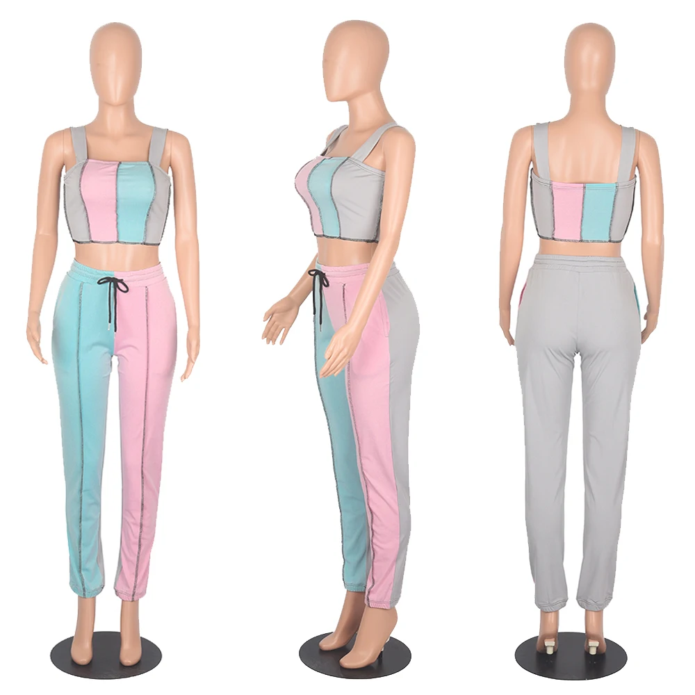 

Two Pieces Casual Set Woman Clothing Patchwork Sexy Crop Top and Pants Sets Drawstring 2 Piece Summer Club Outfit