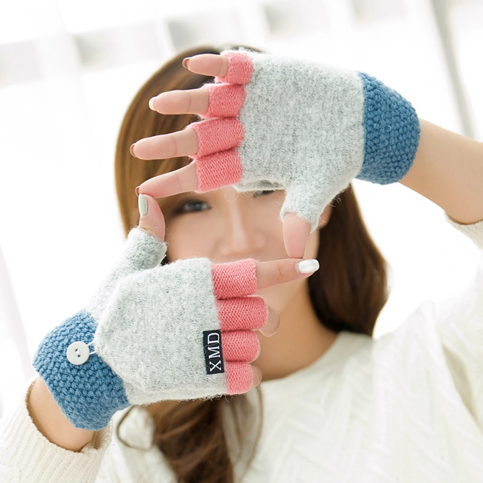 

Women Winter Warm Thick Knitted Flip Cover Fingerless Gloves Mitten Hand Warmer