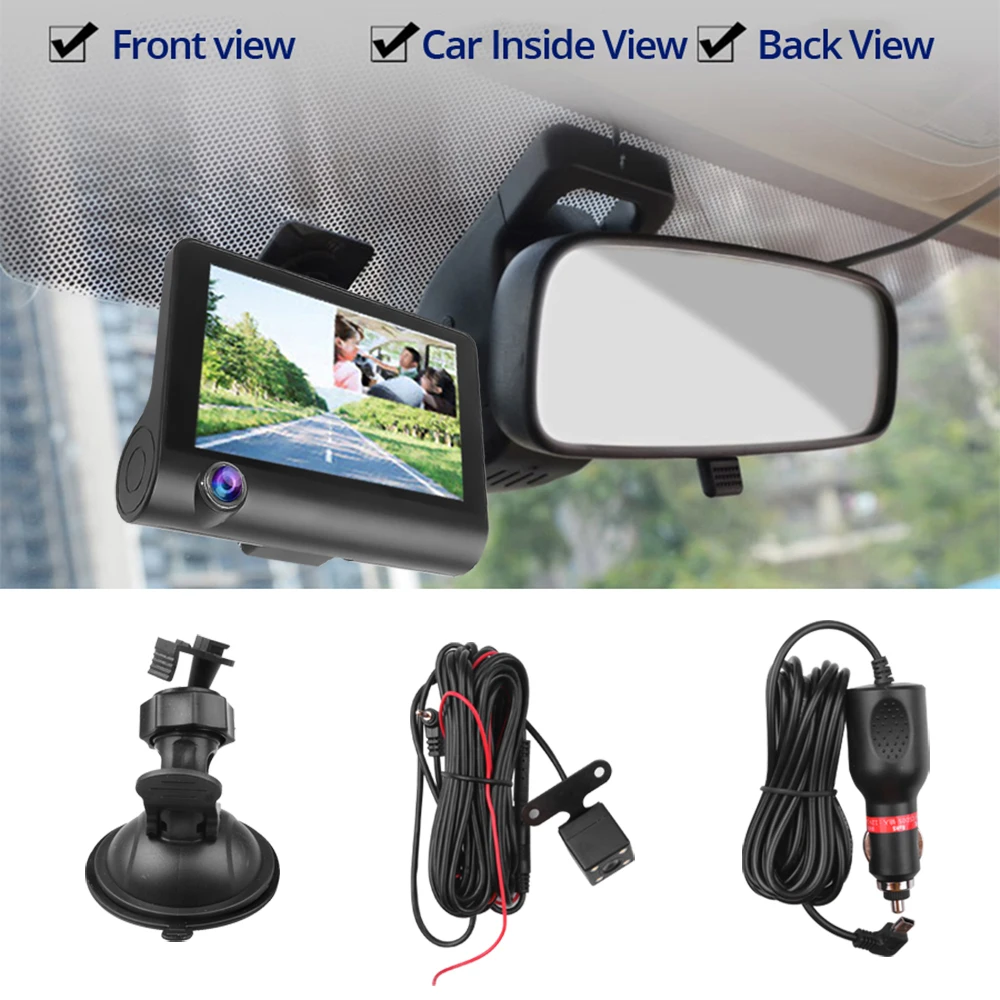 Car DVR Dash Camera 4'' Three Way FHD Three Lens Video Recorder Camera 170 Wide Angle Dash Cam G-Sensor Night vision Camcorder
