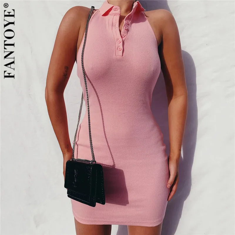 Женское трикотажное платье на пуговицах FANTOYE однотонное облегающее с отложным