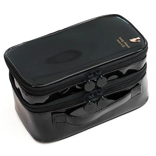 UOSC женская косметичка из ПУ двухслойная водонепроницаемая сумка-чехол для косметики органайзер для путешествий яркие цветные ящики для хранения - Цвет: Черный