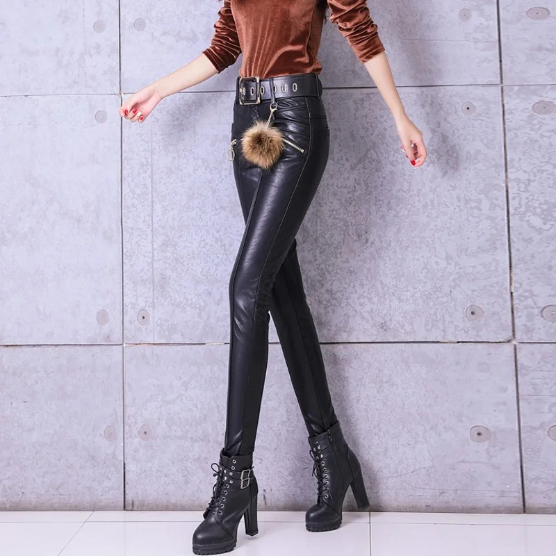 Pants Leather Womens 2022 Spring Autumn New High Waist Skinny Zippers Pockets Casual Female Plus Velvet Thicken Pencil Pants