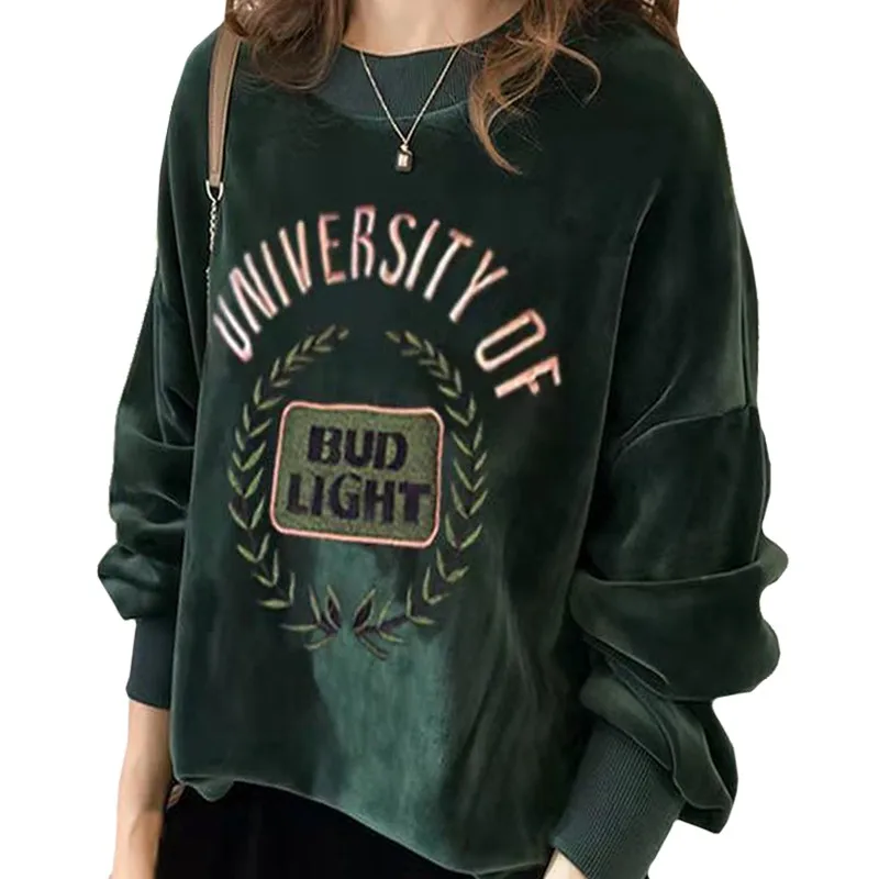 

Winter Double-sided Golden Velvet Fashion Women Hoody Embroidery Bud Light University Of Lady Sweatshirt Green Pullover Female