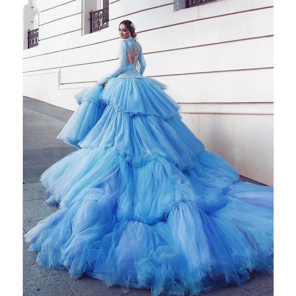 H Amazing Blue Evening Dress 2020 Luxury Tiered Long Train Extra Puffy Tulle Prom Dresses Sleeve High Neck Lace Formal Gown | Свадьбы и