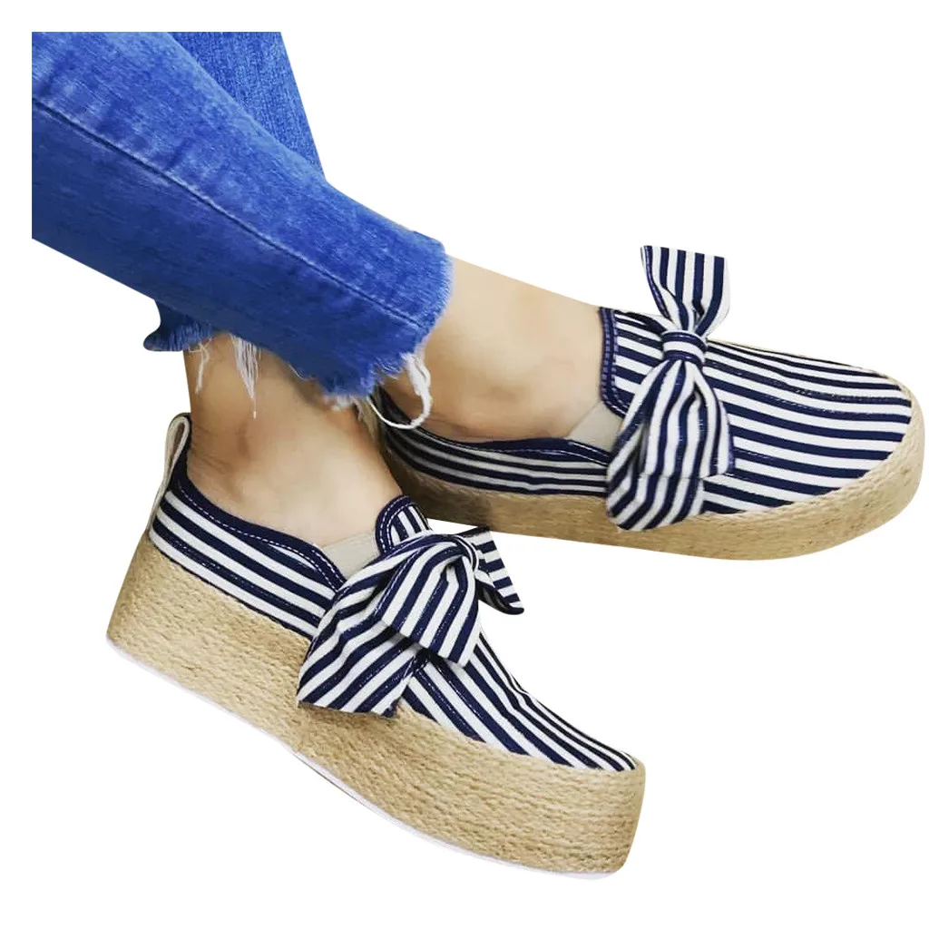 

Women's bow stripe platform shoes Womens Walk Bowknot Casual Flats Shoe Comfortable Classic Canvas Slip-on Sneaker soft A50