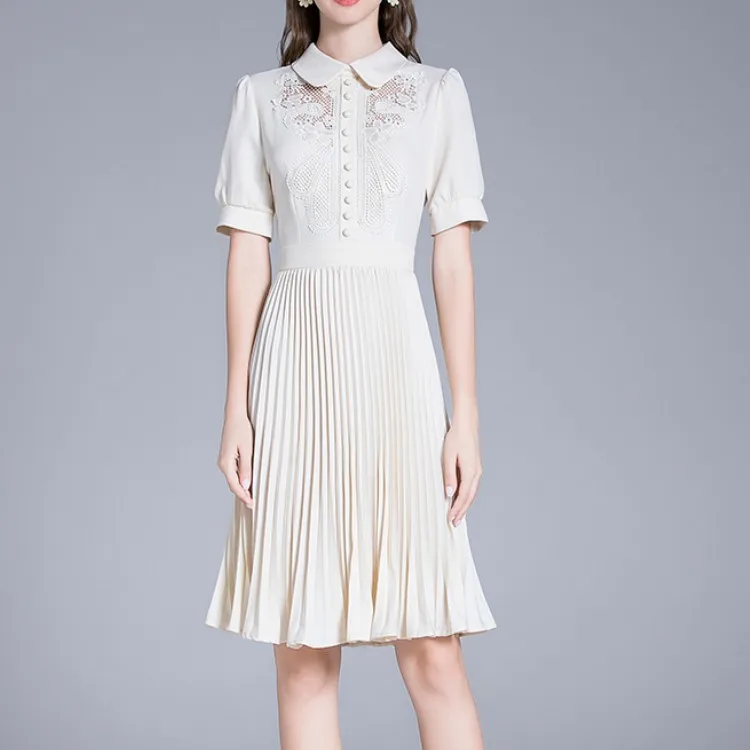 Платья для летней вечеринки 2021 года с винтажным элегантным воротником Питера Пэна, вышивкой кружева, пустотелой высокой талией и плиссированной юбкой
