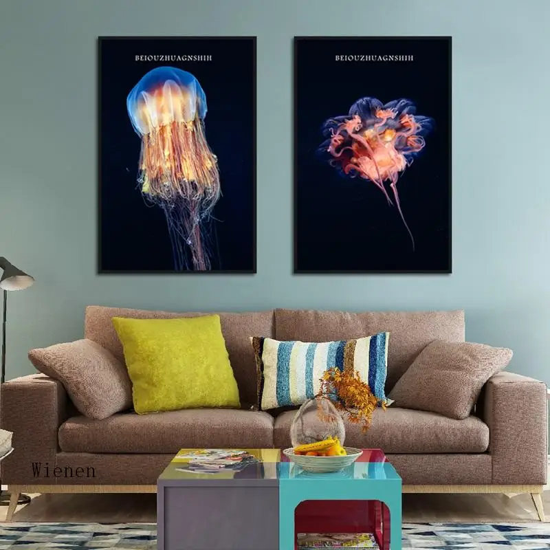 

Nordic Luxury Style Jellyfish Posters Black Background Canvas Painting Aquarium Decoration And Wall Pictures For Living Room