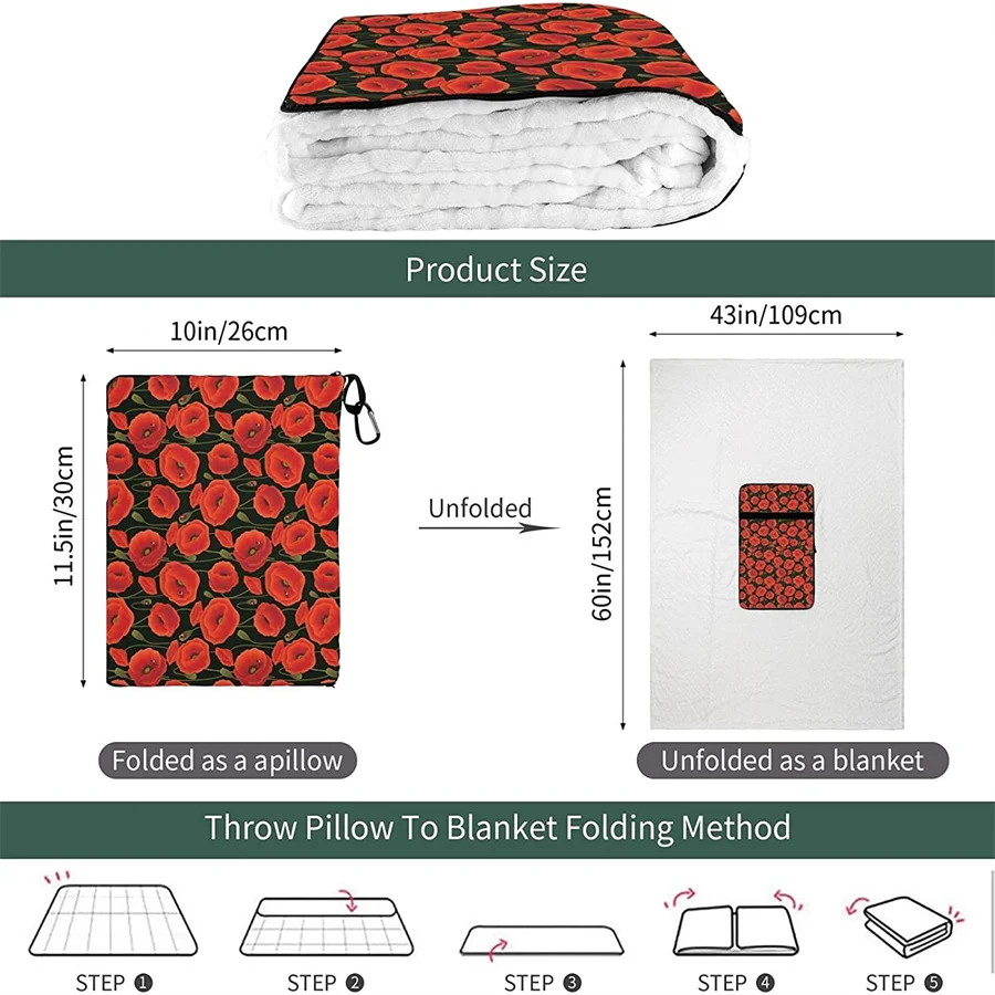 vender Red Poppy Travel Travesseiro Cobertor Dois-em-um Mochila Cinta E Compacto Avião Saco Cintura Suporte 60x43 Polegadas