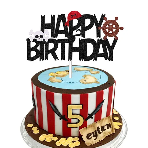 Фотообои с изображением морского пиратского черепа, корабля, руля, торта, топперы для детей, день рождения