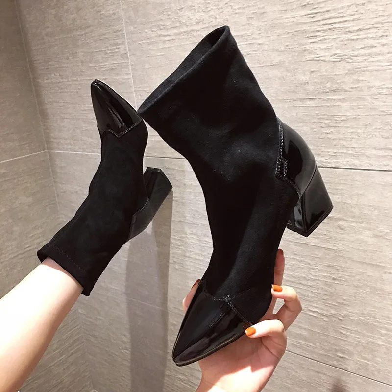 

2019 Autumn Winter New Knitting Stretch Boots Sock Boots Hot Sales Ankle Short Boots Pointed Toe Low Thick Heeled Slip On Botas