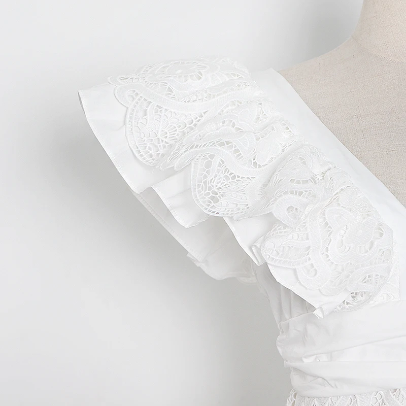 

TWOTWINSTYLE Sexy Party Patchwork Dress For Women V Neck Ruffle Sleeve High Waist Lace Maxi Dresses Female New Clothing 2020