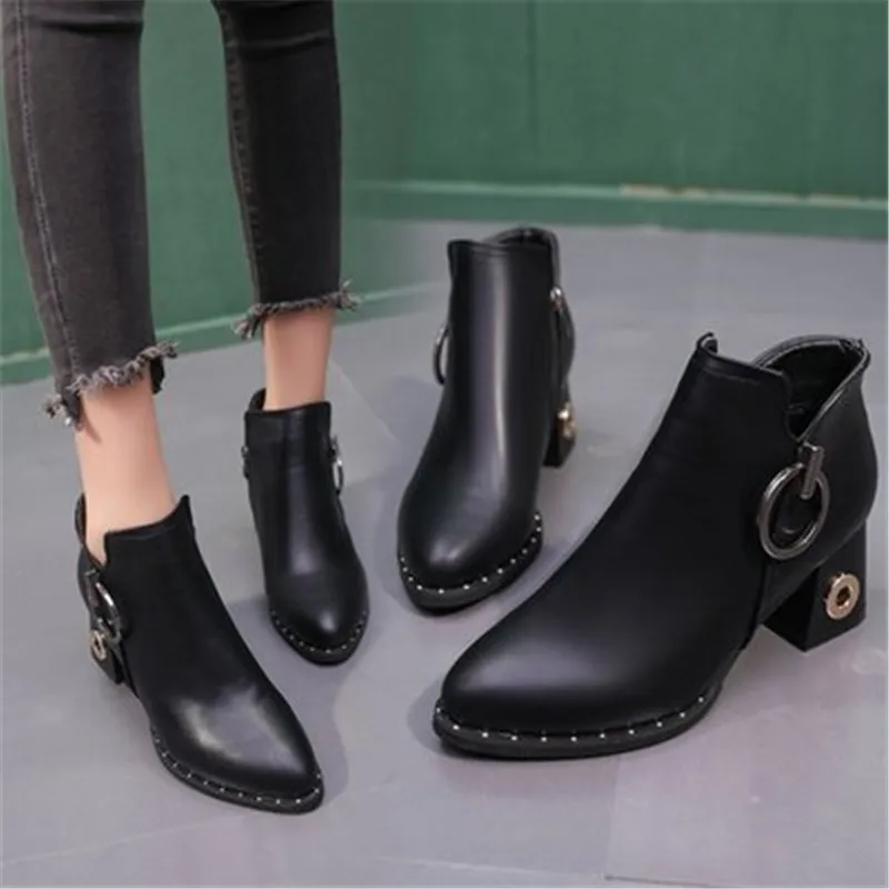 Winter Ankle Boots Women Rivets Platform Block Heel Female Zipper Pointed Toe High Heels Pumps Ladies Fashionable Shoes | Обувь