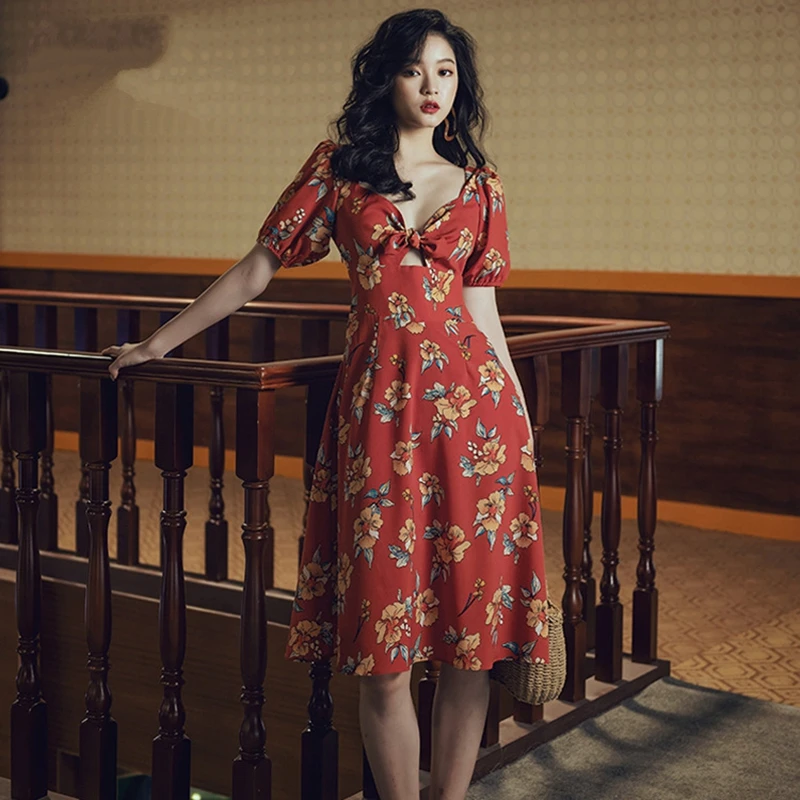 Женское Красное чайное платье с цветочным принтом ажурное миди открытой спиной