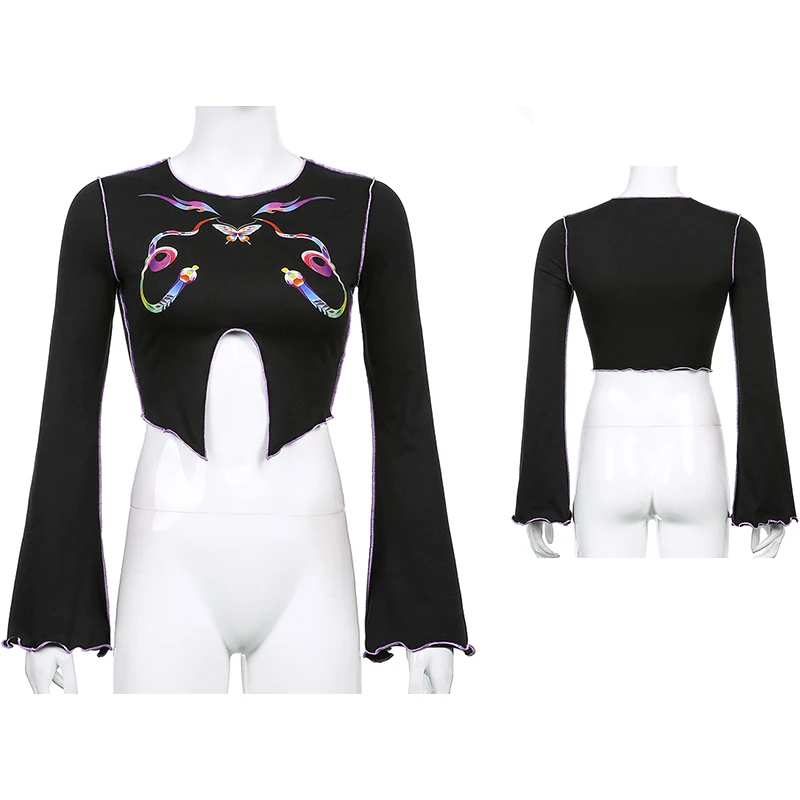 

y2k Ruffles Split Butterfly Printed Aesthetic Colorful Striped Women's T-shirts Black Long Sleeve Cotton Crop Top Tee Iamhotty
