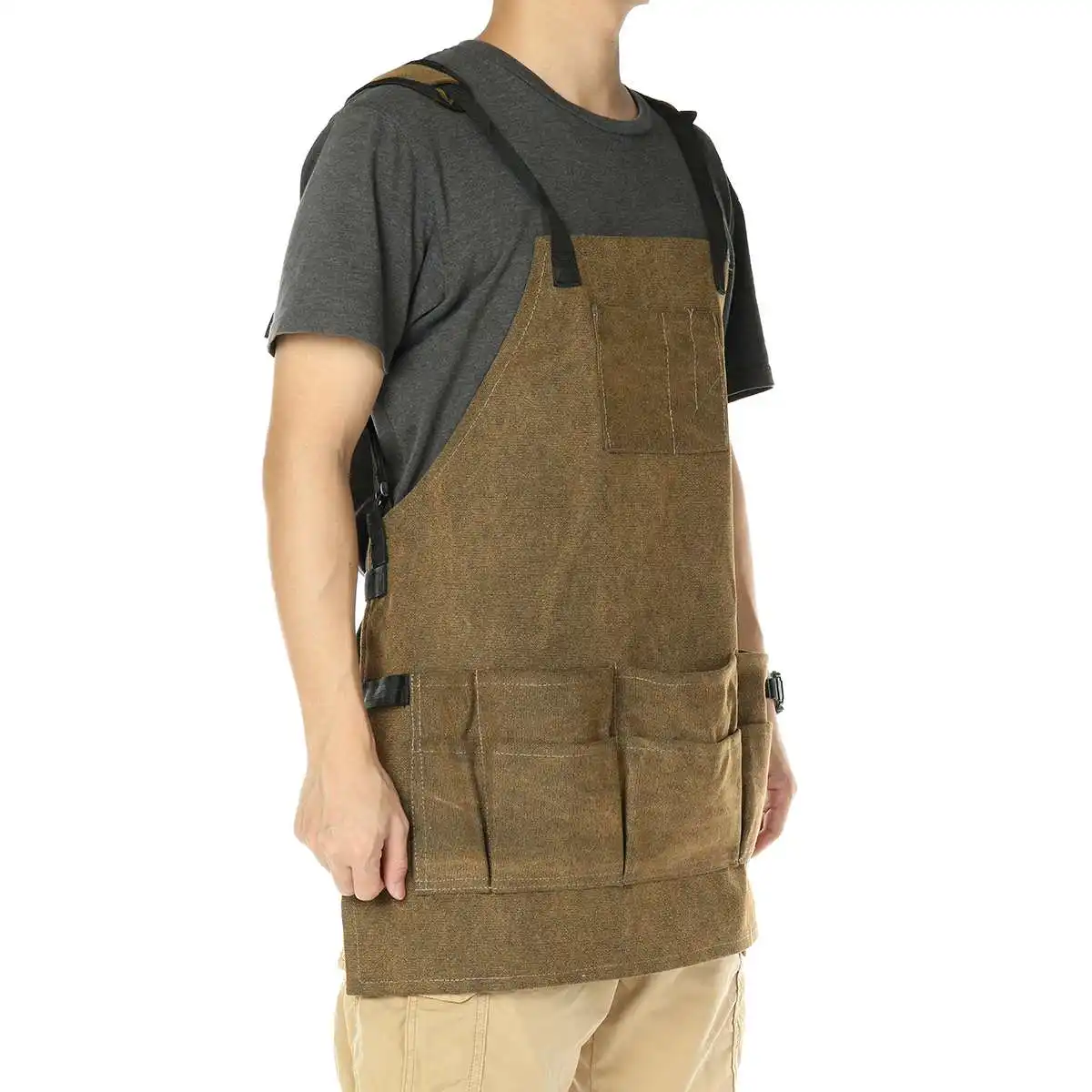 

Durable Goods Heavy Duty Waxed Unisex Canvas Work Apron with Tool Pockets Cross-Back Straps Adjustable For Woodworking Painting